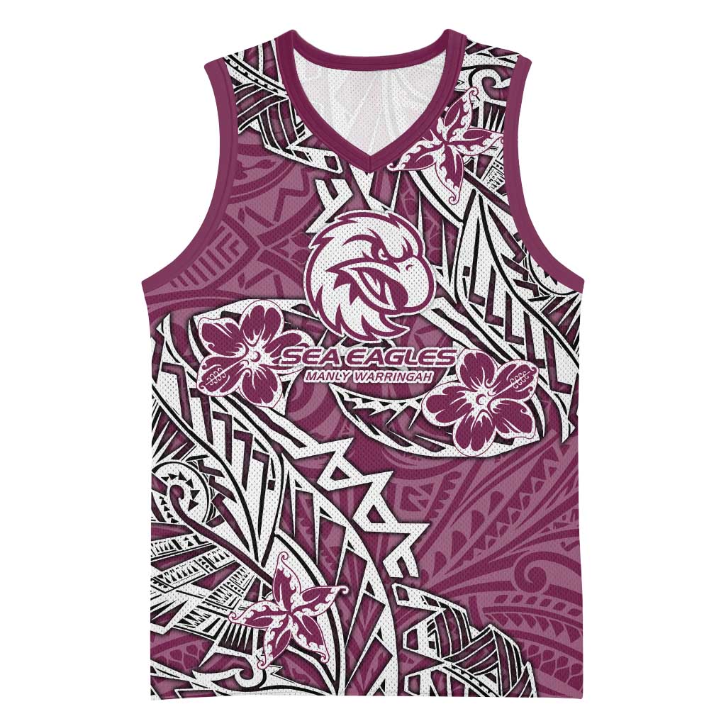 Personalised Manly Warringah Sea Eagles Basketball Jersey Polynesian Tribal Pattern With Rugby Sea Eagle Mascot Art