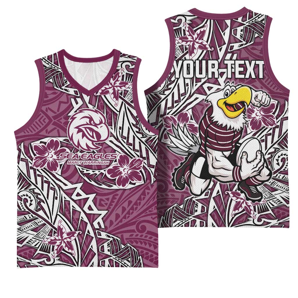 Personalised Manly Warringah Sea Eagles Basketball Jersey Polynesian Tribal Pattern With Rugby Sea Eagle Mascot Art