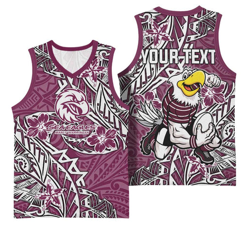 Personalised Manly Warringah Sea Eagles Basketball Jersey Polynesian Tribal Pattern With Rugby Sea Eagle Mascot Art