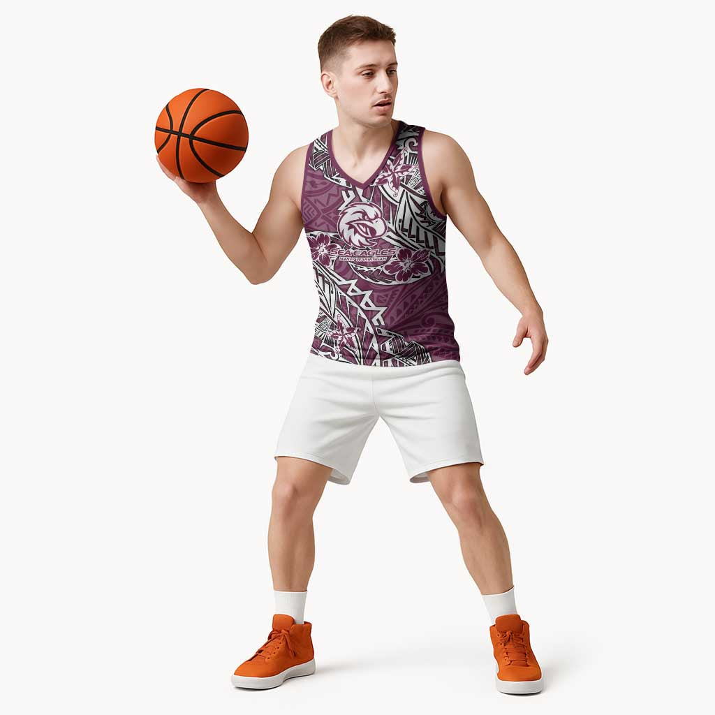 Personalised Manly Warringah Sea Eagles Basketball Jersey Polynesian Tribal Pattern With Rugby Sea Eagle Mascot Art