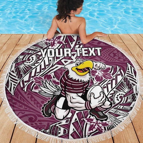 Personalised Manly Warringah Sea Eagles Beach Blanket Polynesian Tribal Pattern With Rugby Sea Eagle Mascot Art