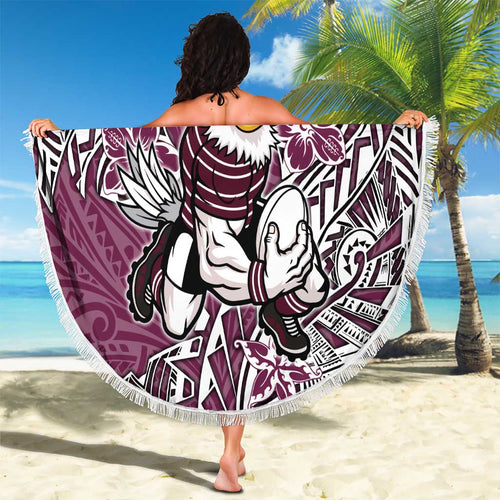 Personalised Manly Warringah Sea Eagles Beach Blanket Polynesian Tribal Pattern With Rugby Sea Eagle Mascot Art