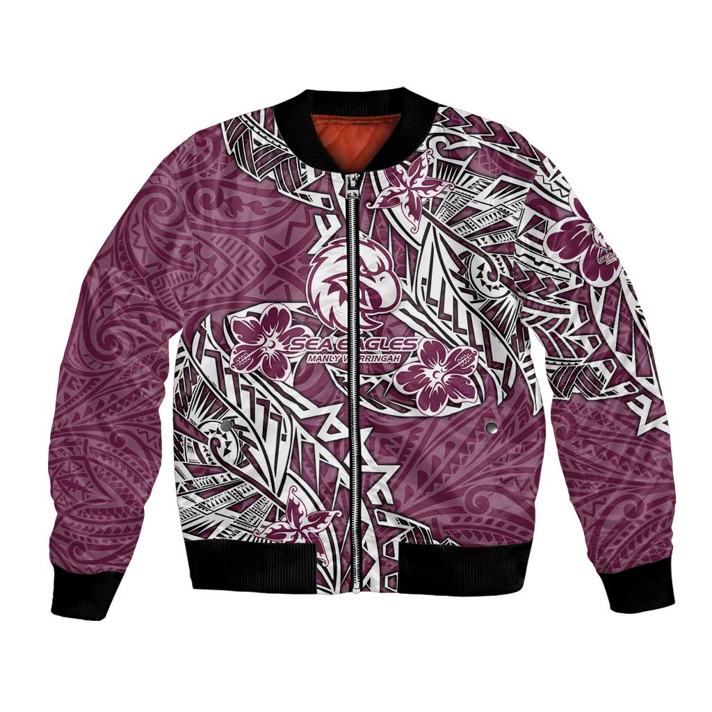 Personalised Manly Warringah Sea Eagles Bomber Jacket Polynesian Tribal Pattern With Rugby Sea Eagle Mascot Art