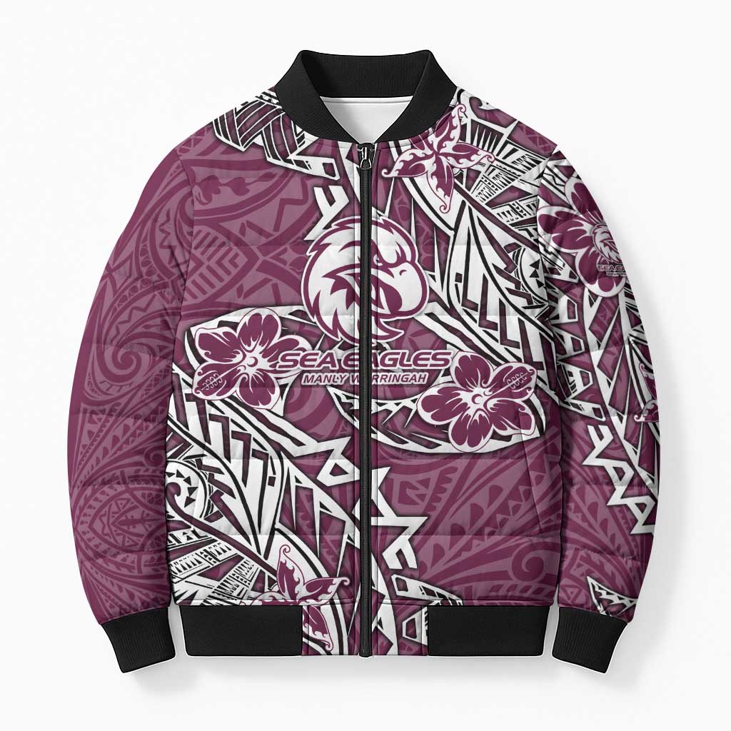 Personalised Manly Warringah Sea Eagles Bomber Puffer Jacket Polynesian Tribal Pattern With Rugby Sea Eagle Mascot Art