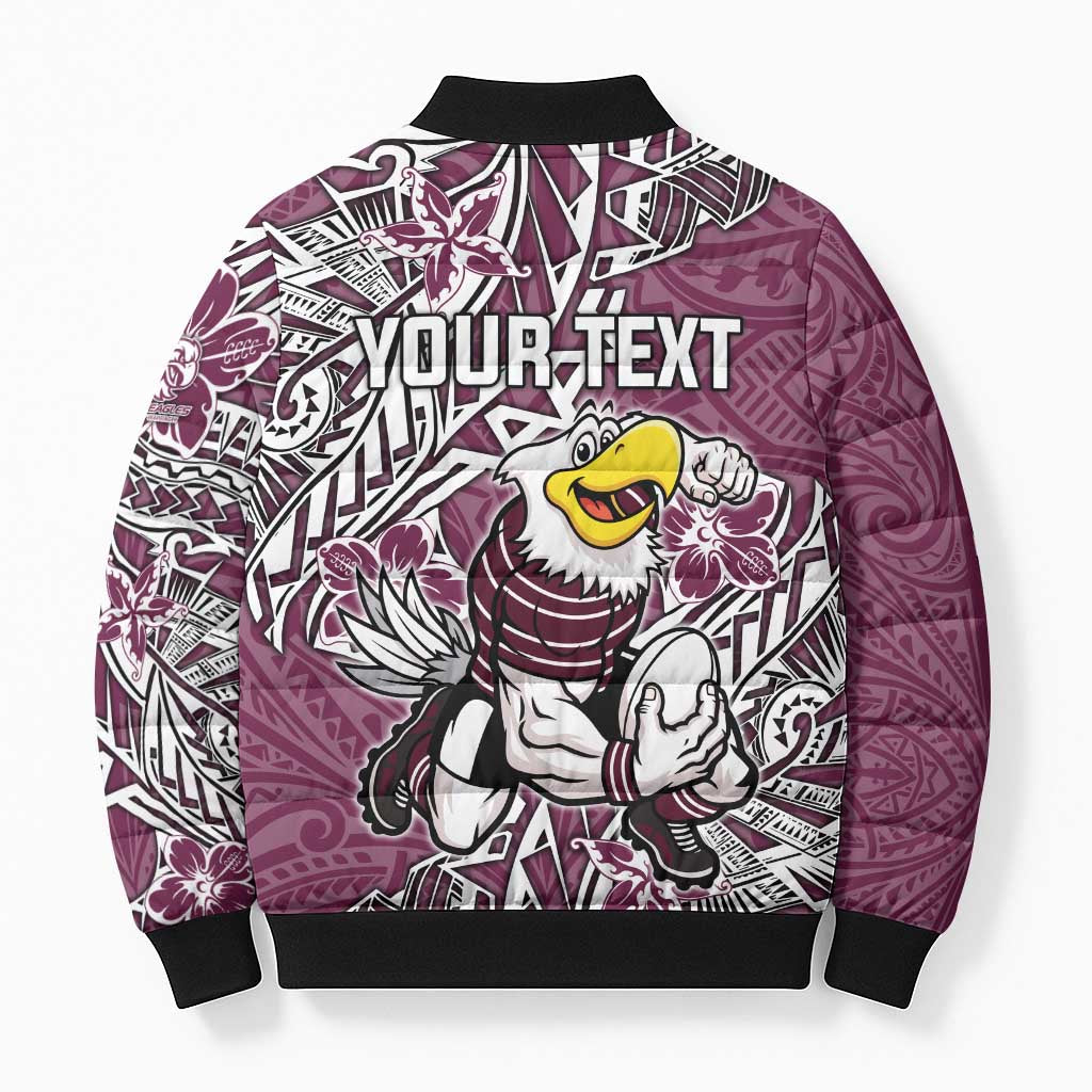 Personalised Manly Warringah Sea Eagles Bomber Puffer Jacket Polynesian Tribal Pattern With Rugby Sea Eagle Mascot Art