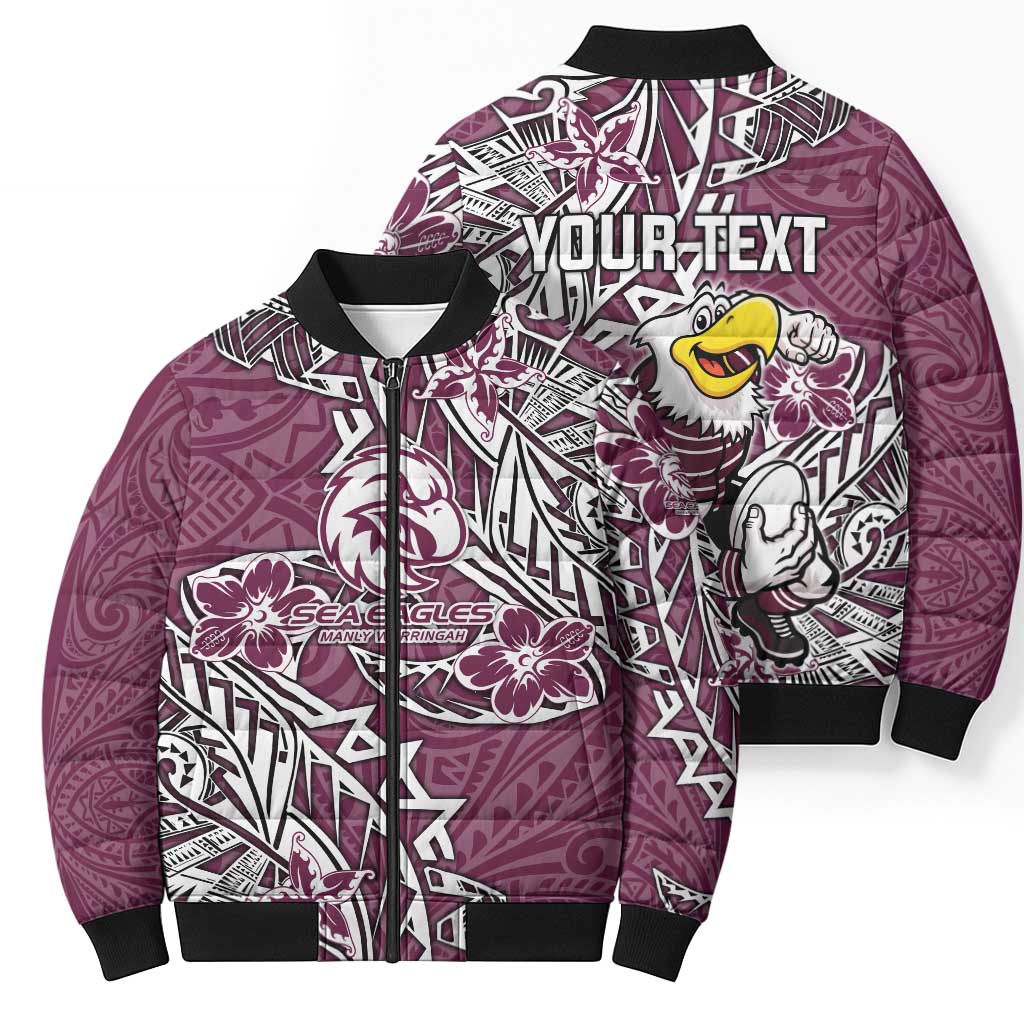 Personalised Manly Warringah Sea Eagles Bomber Puffer Jacket Polynesian Tribal Pattern With Rugby Sea Eagle Mascot Art