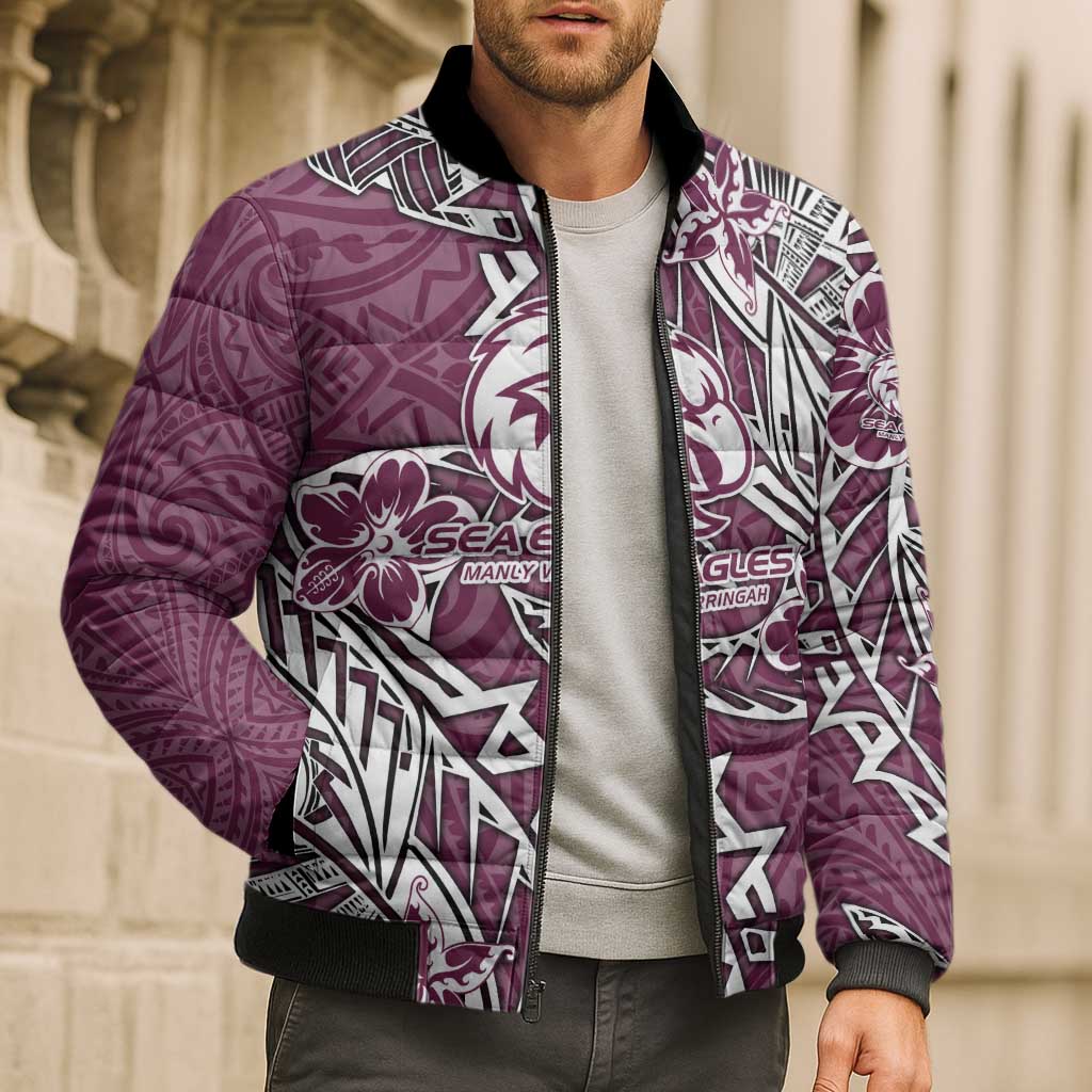 Personalised Manly Warringah Sea Eagles Bomber Puffer Jacket Polynesian Tribal Pattern With Rugby Sea Eagle Mascot Art