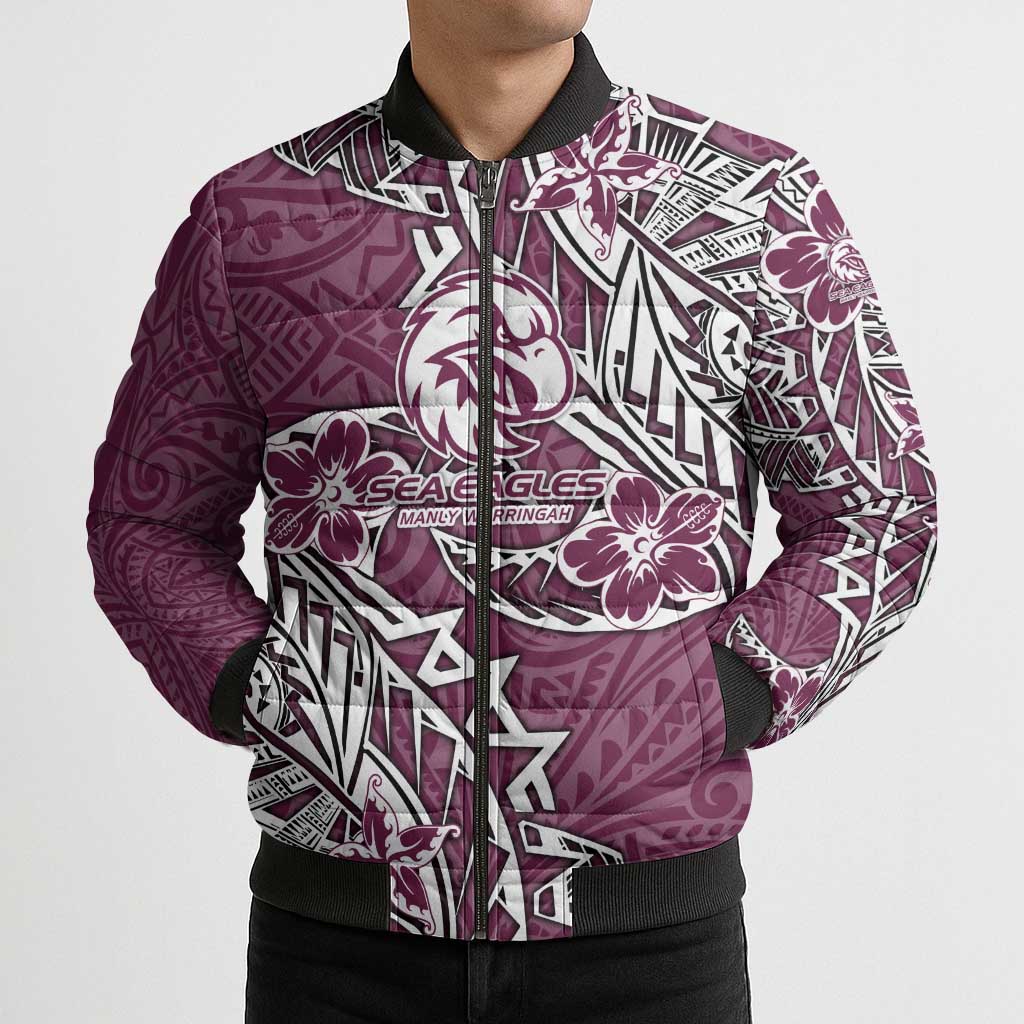 Personalised Manly Warringah Sea Eagles Bomber Puffer Jacket Polynesian Tribal Pattern With Rugby Sea Eagle Mascot Art