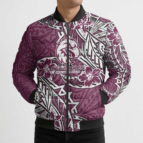 Personalised Manly Warringah Sea Eagles Bomber Puffer Jacket Polynesian Tribal Pattern With Rugby Sea Eagle Mascot Art