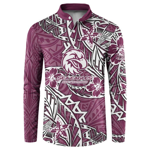 Personalised Manly Warringah Sea Eagles Button Sweatshirt Polynesian Tribal Pattern With Rugby Sea Eagle Mascot Art