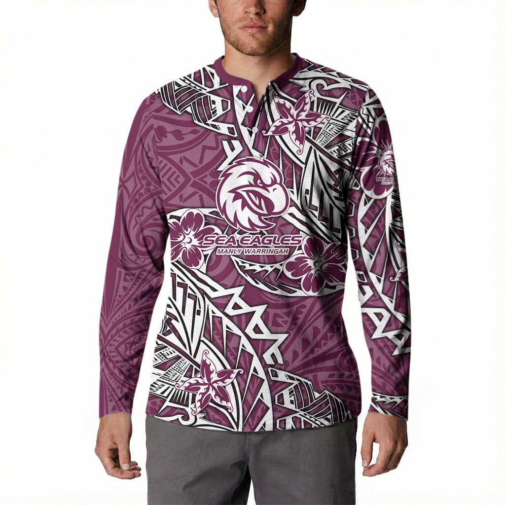 Personalised Manly Warringah Sea Eagles Button Sweatshirt Polynesian Tribal Pattern With Rugby Sea Eagle Mascot Art