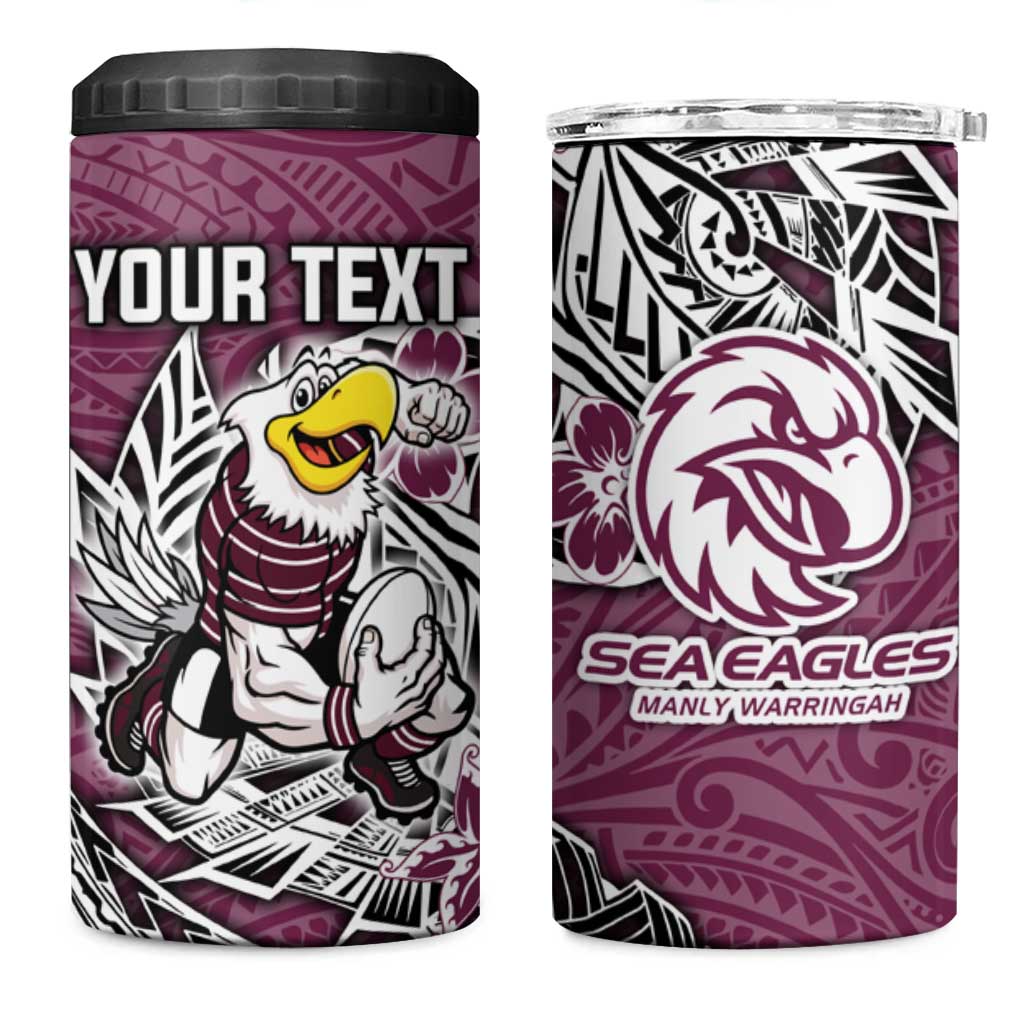 Personalised Manly Warringah Sea Eagles 4 in 1 Can Cooler Tumbler Polynesian Tribal Pattern With Rugby Sea Eagle Mascot Art