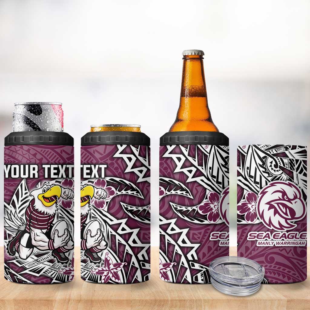 Personalised Manly Warringah Sea Eagles 4 in 1 Can Cooler Tumbler Polynesian Tribal Pattern With Rugby Sea Eagle Mascot Art