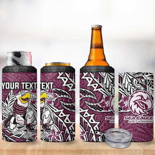 Personalised Manly Warringah Sea Eagles 4 in 1 Can Cooler Tumbler Polynesian Tribal Pattern With Rugby Sea Eagle Mascot Art