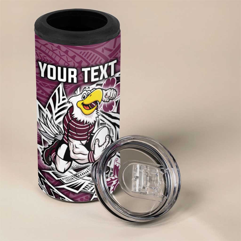 Personalised Manly Warringah Sea Eagles 4 in 1 Can Cooler Tumbler Polynesian Tribal Pattern With Rugby Sea Eagle Mascot Art