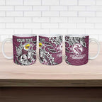 Personalised Manly Warringah Sea Eagles Ceramic Mug Polynesian Tribal Pattern With Rugby Sea Eagle Mascot Art