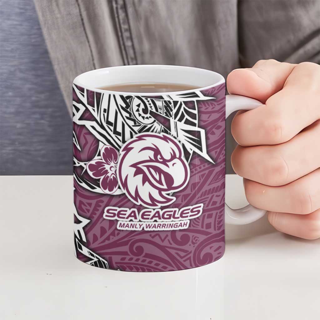 Personalised Manly Warringah Sea Eagles Ceramic Mug Polynesian Tribal Pattern With Rugby Sea Eagle Mascot Art