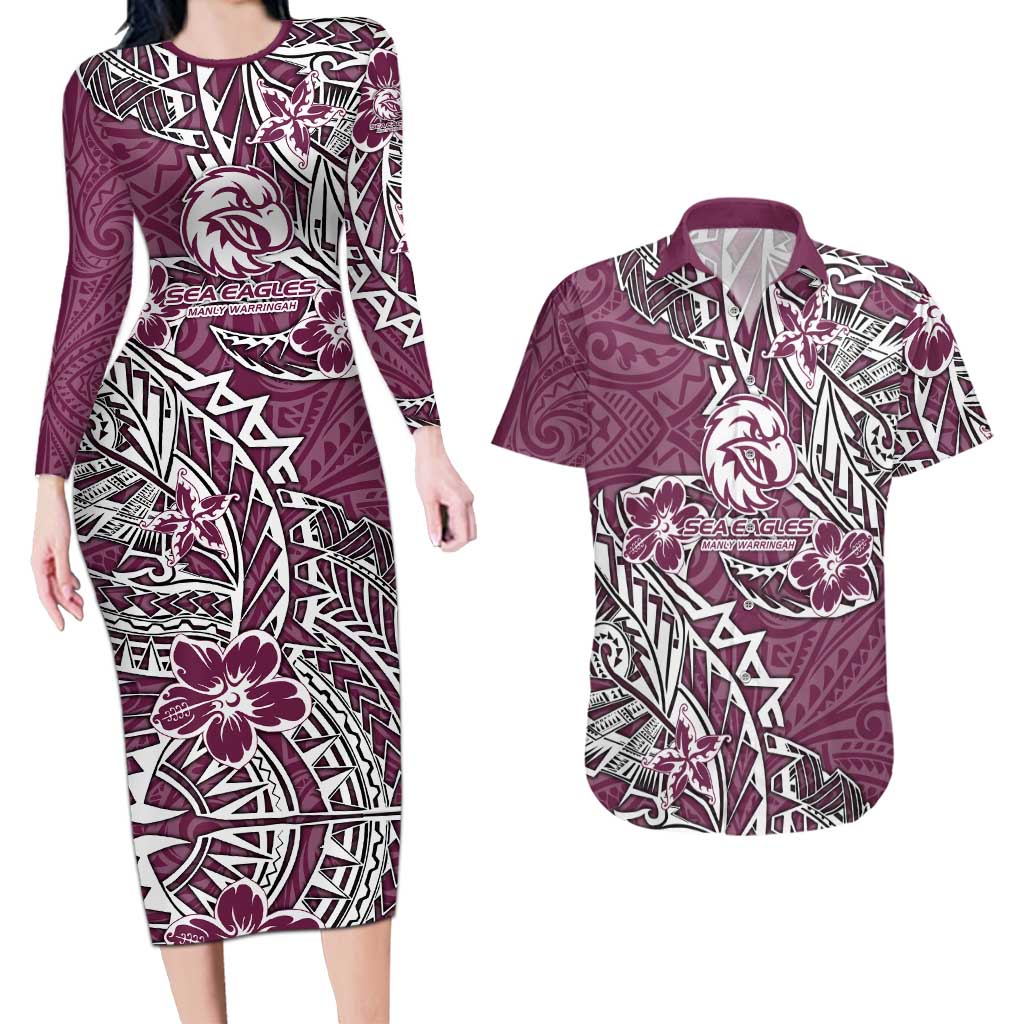 Personalised Manly Warringah Sea Eagles Couples Matching Long Sleeve Bodycon Dress and Hawaiian Shirt Polynesian Tribal Pattern With Rugby Sea Eagle Mascot Art