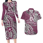 Personalised Manly Warringah Sea Eagles Couples Matching Long Sleeve Bodycon Dress and Hawaiian Shirt Polynesian Tribal Pattern With Rugby Sea Eagle Mascot Art