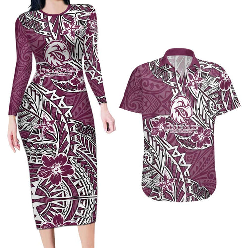 Personalised Manly Warringah Sea Eagles Couples Matching Long Sleeve Bodycon Dress and Hawaiian Shirt Polynesian Tribal Pattern With Rugby Sea Eagle Mascot Art