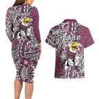 Personalised Manly Warringah Sea Eagles Couples Matching Long Sleeve Bodycon Dress and Hawaiian Shirt Polynesian Tribal Pattern With Rugby Sea Eagle Mascot Art
