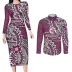 Personalised Manly Warringah Sea Eagles Couples Matching Long Sleeve Bodycon Dress and Long Sleeve Button Shirt Polynesian Tribal Pattern With Rugby Sea Eagle Mascot Art