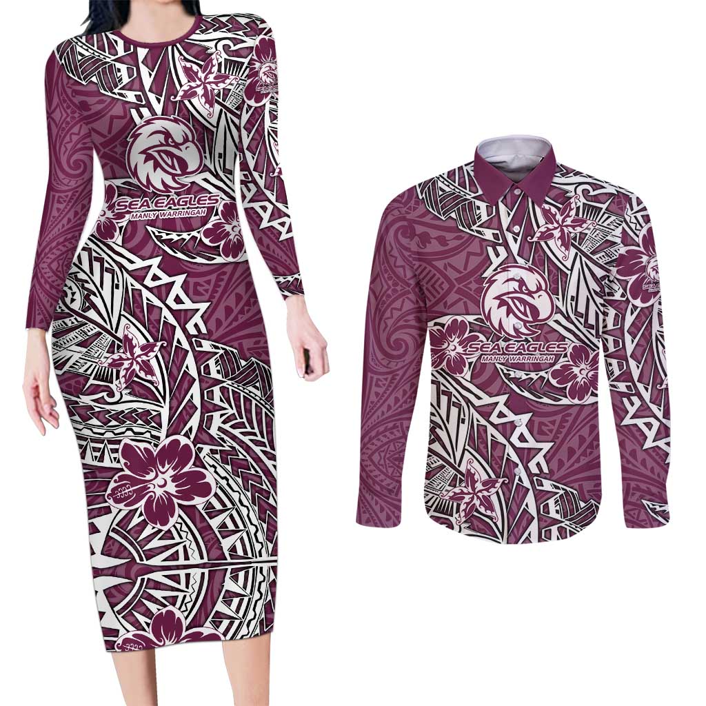 Personalised Manly Warringah Sea Eagles Couples Matching Long Sleeve Bodycon Dress and Long Sleeve Button Shirt Polynesian Tribal Pattern With Rugby Sea Eagle Mascot Art