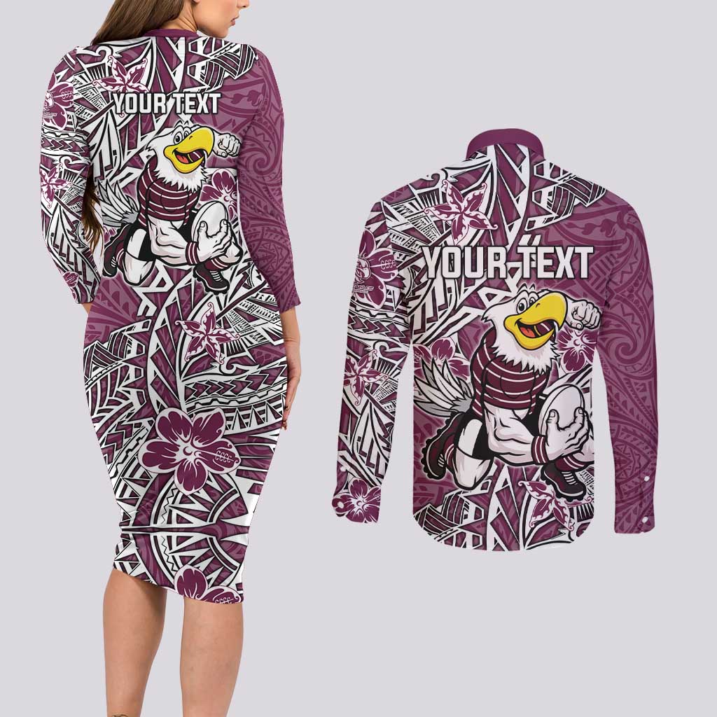 Personalised Manly Warringah Sea Eagles Couples Matching Long Sleeve Bodycon Dress and Long Sleeve Button Shirt Polynesian Tribal Pattern With Rugby Sea Eagle Mascot Art