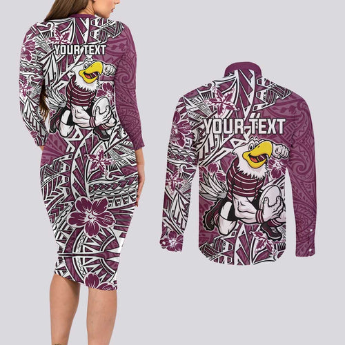 Personalised Manly Warringah Sea Eagles Couples Matching Long Sleeve Bodycon Dress and Long Sleeve Button Shirt Polynesian Tribal Pattern With Rugby Sea Eagle Mascot Art