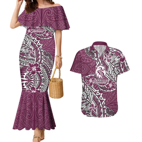 Personalised Manly Warringah Sea Eagles Couples Matching Mermaid Dress and Hawaiian Shirt Polynesian Tribal Pattern With Rugby Sea Eagle Mascot Art
