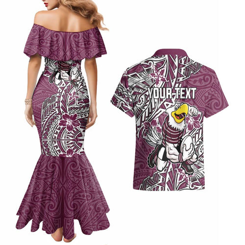 Personalised Manly Warringah Sea Eagles Couples Matching Mermaid Dress and Hawaiian Shirt Polynesian Tribal Pattern With Rugby Sea Eagle Mascot Art