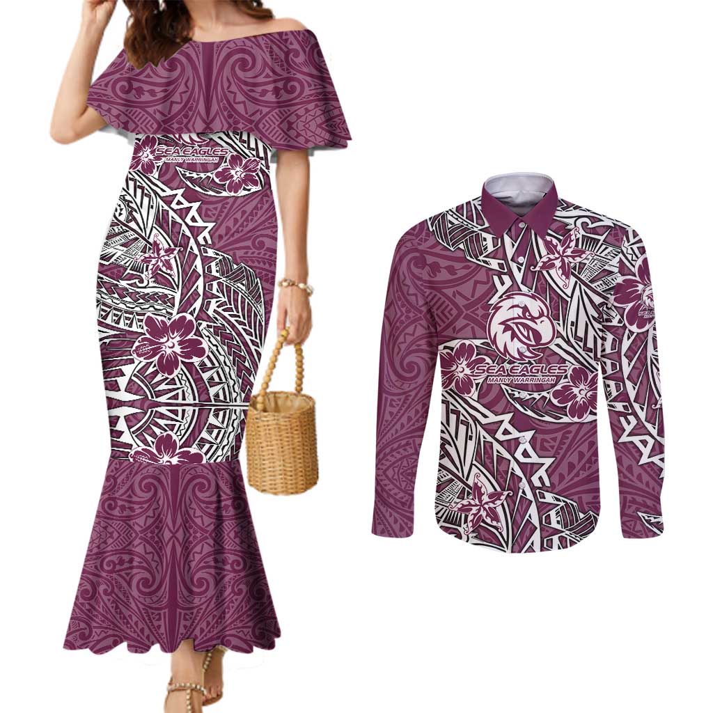 Personalised Manly Warringah Sea Eagles Couples Matching Mermaid Dress and Long Sleeve Button Shirt Polynesian Tribal Pattern With Rugby Sea Eagle Mascot Art