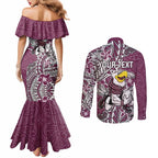 Personalised Manly Warringah Sea Eagles Couples Matching Mermaid Dress and Long Sleeve Button Shirt Polynesian Tribal Pattern With Rugby Sea Eagle Mascot Art