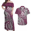 Personalised Manly Warringah Sea Eagles Couples Matching Off Shoulder Maxi Dress and Hawaiian Shirt Polynesian Tribal Pattern With Rugby Sea Eagle Mascot Art