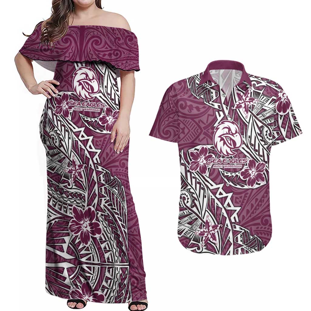 Personalised Manly Warringah Sea Eagles Couples Matching Off Shoulder Maxi Dress and Hawaiian Shirt Polynesian Tribal Pattern With Rugby Sea Eagle Mascot Art