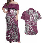Personalised Manly Warringah Sea Eagles Couples Matching Off Shoulder Maxi Dress and Hawaiian Shirt Polynesian Tribal Pattern With Rugby Sea Eagle Mascot Art