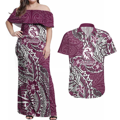 Personalised Manly Warringah Sea Eagles Couples Matching Off Shoulder Maxi Dress and Hawaiian Shirt Polynesian Tribal Pattern With Rugby Sea Eagle Mascot Art