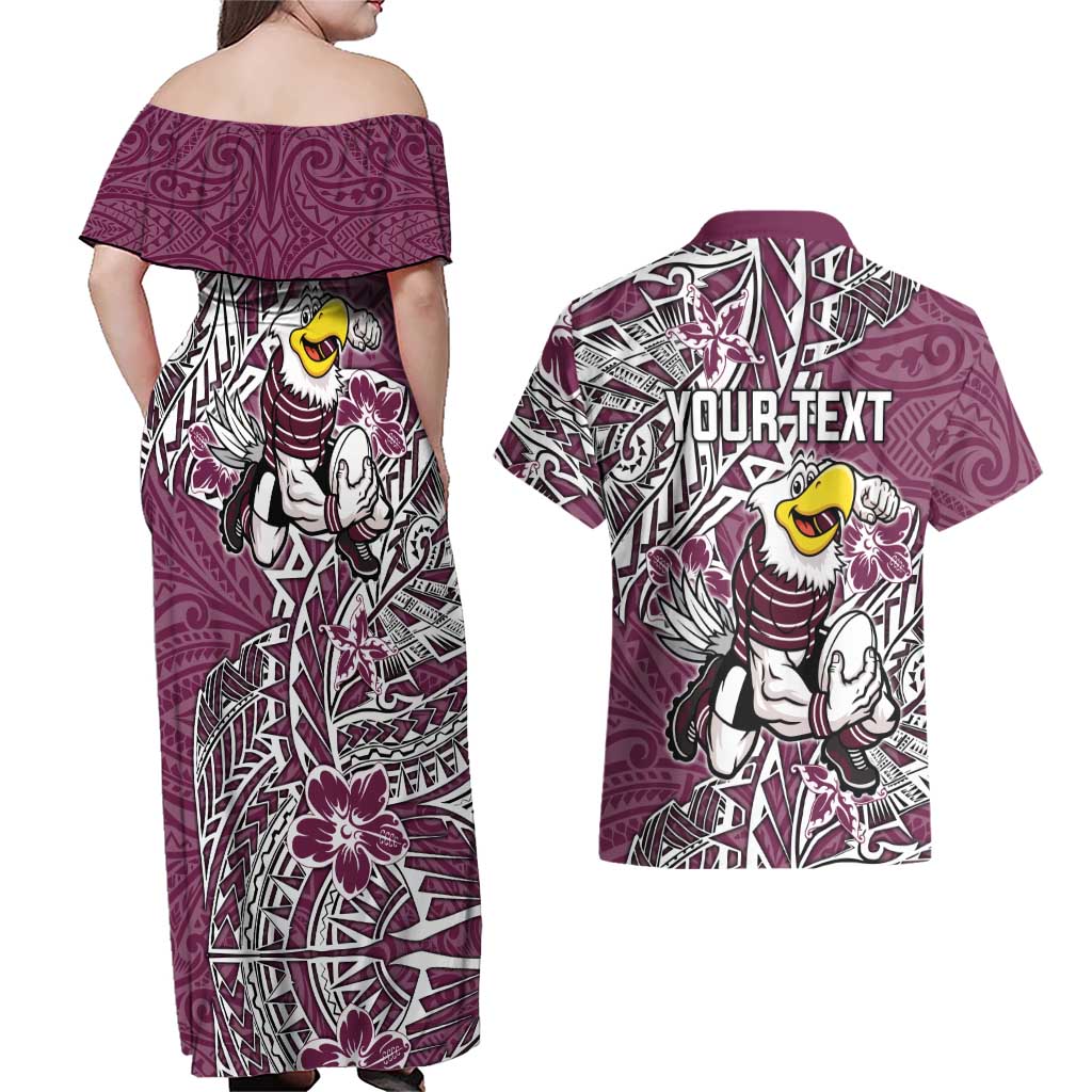 Personalised Manly Warringah Sea Eagles Couples Matching Off Shoulder Maxi Dress and Hawaiian Shirt Polynesian Tribal Pattern With Rugby Sea Eagle Mascot Art