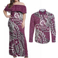Personalised Manly Warringah Sea Eagles Couples Matching Off Shoulder Maxi Dress and Long Sleeve Button Shirt Polynesian Tribal Pattern With Rugby Sea Eagle Mascot Art