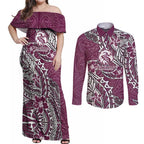 Personalised Manly Warringah Sea Eagles Couples Matching Off Shoulder Maxi Dress and Long Sleeve Button Shirt Polynesian Tribal Pattern With Rugby Sea Eagle Mascot Art