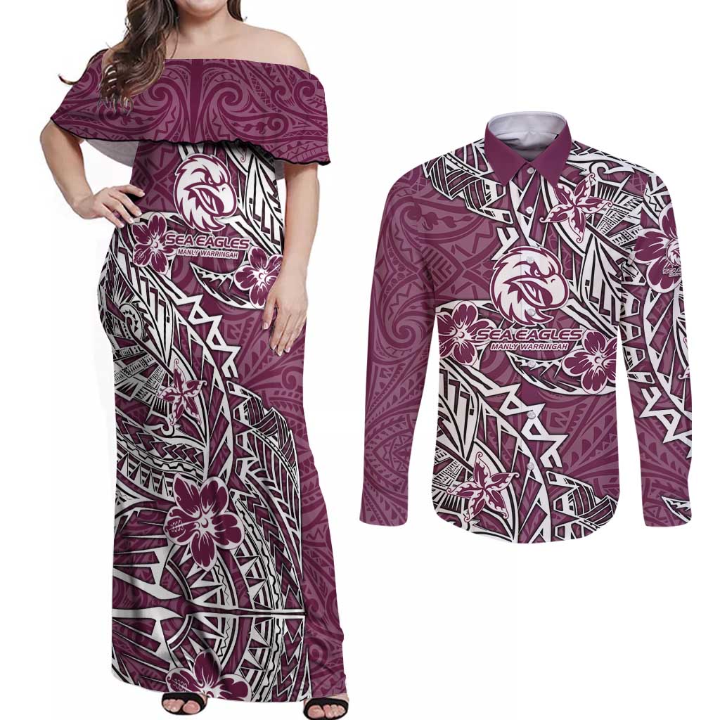 Personalised Manly Warringah Sea Eagles Couples Matching Off Shoulder Maxi Dress and Long Sleeve Button Shirt Polynesian Tribal Pattern With Rugby Sea Eagle Mascot Art