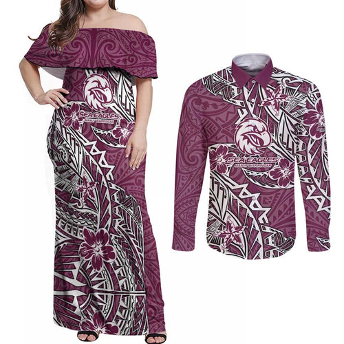 Personalised Manly Warringah Sea Eagles Couples Matching Off Shoulder Maxi Dress and Long Sleeve Button Shirt Polynesian Tribal Pattern With Rugby Sea Eagle Mascot Art
