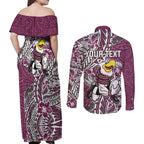 Personalised Manly Warringah Sea Eagles Couples Matching Off Shoulder Maxi Dress and Long Sleeve Button Shirt Polynesian Tribal Pattern With Rugby Sea Eagle Mascot Art