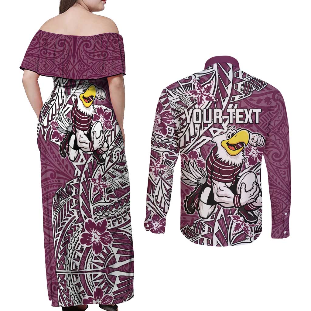 Personalised Manly Warringah Sea Eagles Couples Matching Off Shoulder Maxi Dress and Long Sleeve Button Shirt Polynesian Tribal Pattern With Rugby Sea Eagle Mascot Art