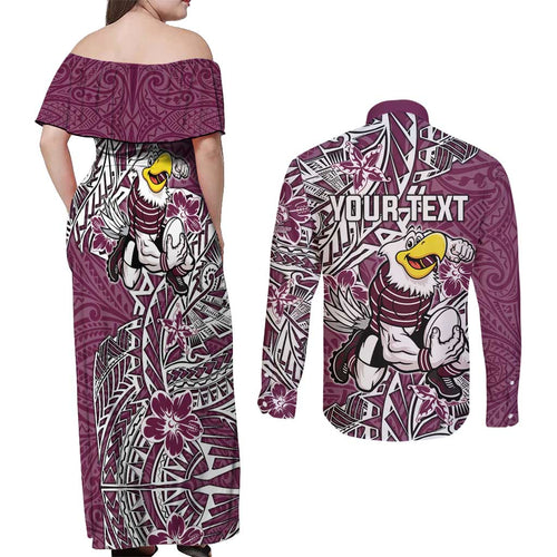 Personalised Manly Warringah Sea Eagles Couples Matching Off Shoulder Maxi Dress and Long Sleeve Button Shirt Polynesian Tribal Pattern With Rugby Sea Eagle Mascot Art