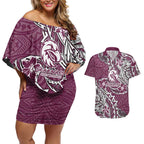 Personalised Manly Warringah Sea Eagles Couples Matching Off Shoulder Short Dress and Hawaiian Shirt Polynesian Tribal Pattern With Rugby Sea Eagle Mascot Art