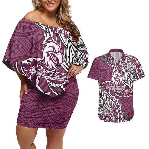 Personalised Manly Warringah Sea Eagles Couples Matching Off Shoulder Short Dress and Hawaiian Shirt Polynesian Tribal Pattern With Rugby Sea Eagle Mascot Art
