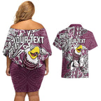 Personalised Manly Warringah Sea Eagles Couples Matching Off Shoulder Short Dress and Hawaiian Shirt Polynesian Tribal Pattern With Rugby Sea Eagle Mascot Art