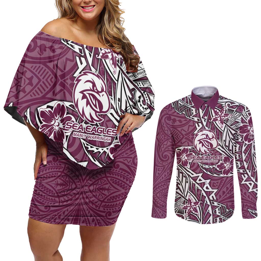 Personalised Manly Warringah Sea Eagles Couples Matching Off Shoulder Short Dress and Long Sleeve Button Shirt Polynesian Tribal Pattern With Rugby Sea Eagle Mascot Art