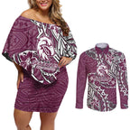 Personalised Manly Warringah Sea Eagles Couples Matching Off Shoulder Short Dress and Long Sleeve Button Shirt Polynesian Tribal Pattern With Rugby Sea Eagle Mascot Art